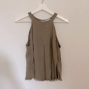 Altar’d State Tank Top Olive Green Frayed Hem Button Back Halter Neck Small Knit